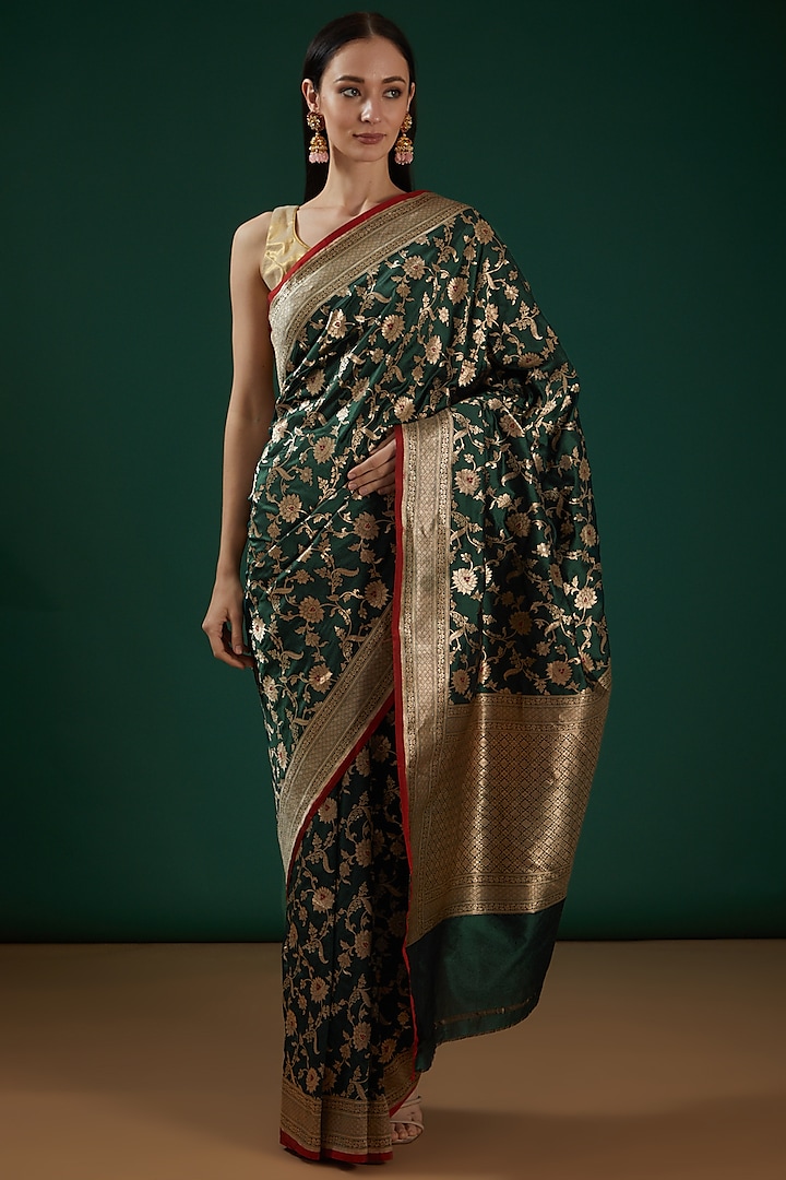 Green Handwoven Pure Katan Silk Saree Set by Neha & Tarun