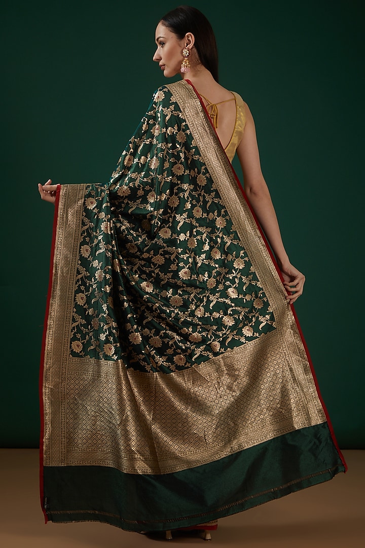 Green Handwoven Pure Katan Silk Wedding Saree Set by Neha & Tarun at Pernia's Pop Up Shop
