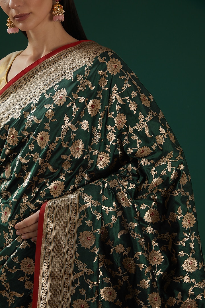 Green Handwoven Pure Katan Silk Wedding Saree Set by Neha & Tarun at Pernia's Pop Up Shop