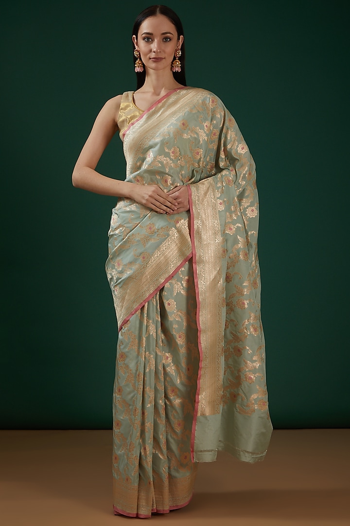 Mint Green Pure Katan Silk Handwoven Banarasi Saree by Neha & Tarun