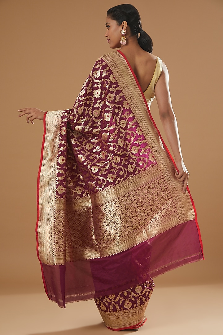 Maroon Pure Katan Silk Handwoven Banarasi Wedding Saree by Neha & Tarun at Pernia's Pop Up Shop