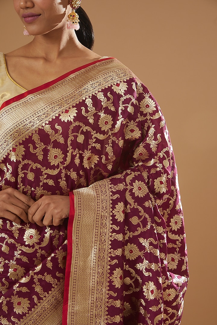 Maroon Pure Katan Silk Handwoven Banarasi Wedding Saree by Neha & Tarun at Pernia's Pop Up Shop