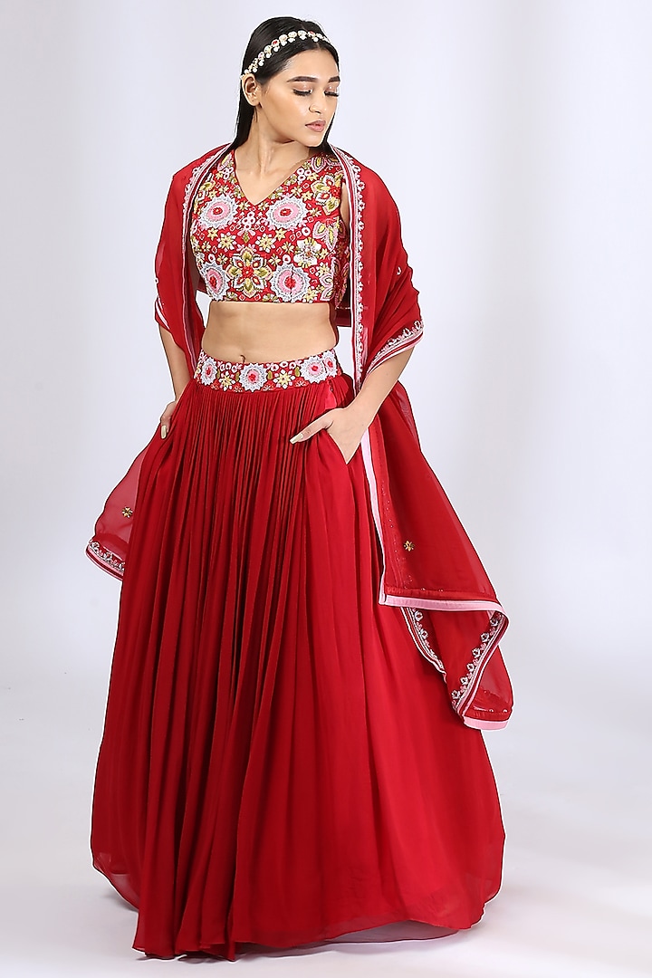 Bright Red Embroidered Lehenga Set by Neha Gursahani