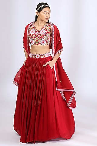 Bright Red Embroidered Lehenga Set by Neha Gursahani