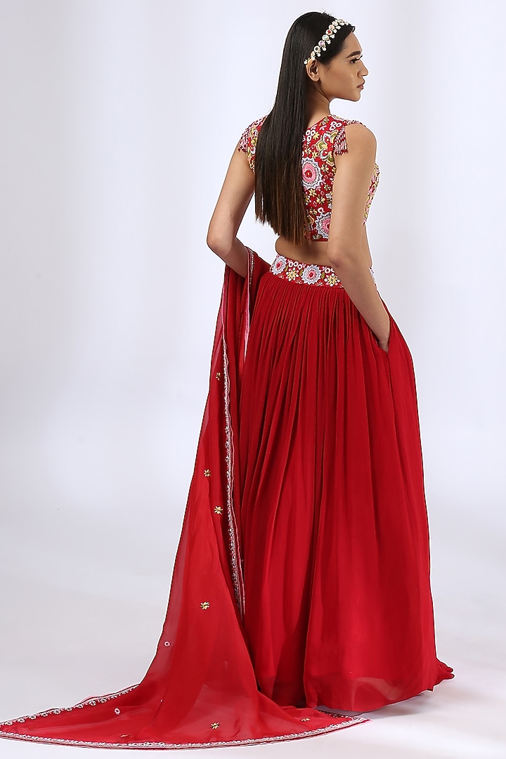 Bright Red Embroidered Wedding Lehenga Set by Neha Gursahani at Pernia's Pop Up Shop