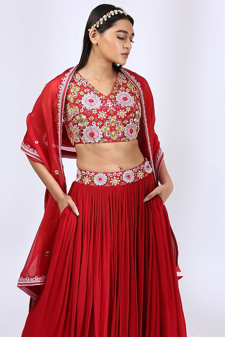 Bright Red Embroidered Wedding Lehenga Set by Neha Gursahani at Pernia's Pop Up Shop