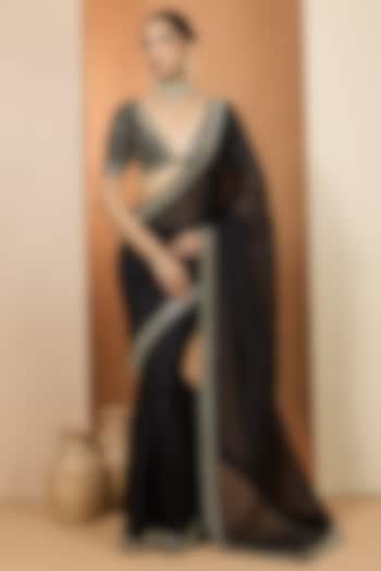 Black Pure Organza Mirror Embroidered Wedding Saree Set by Neha khullar at Pernia's Pop Up Shop