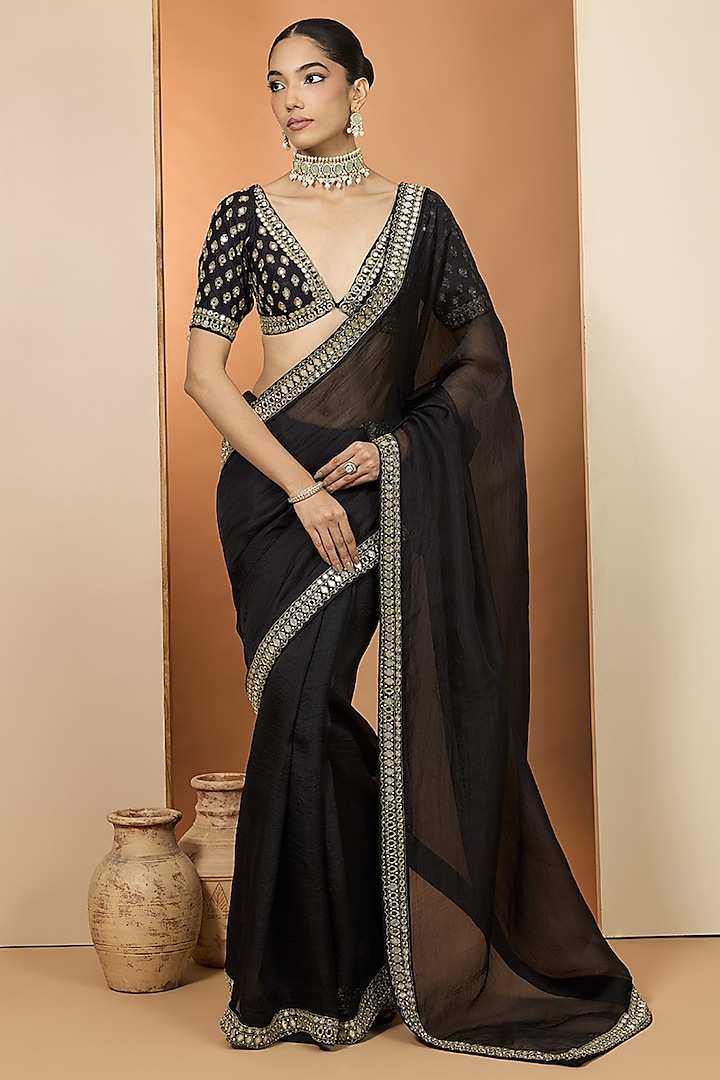 Black Pure Organza Mirror Embroidered Wedding Saree Set by Neha khullar at Pernia's Pop Up Shop