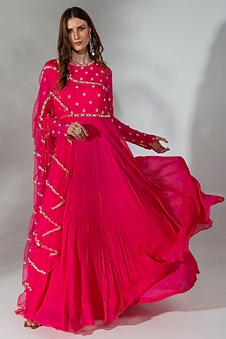 Fuchsia Georgette Embroidered Anarkali Set by Neha Khullar