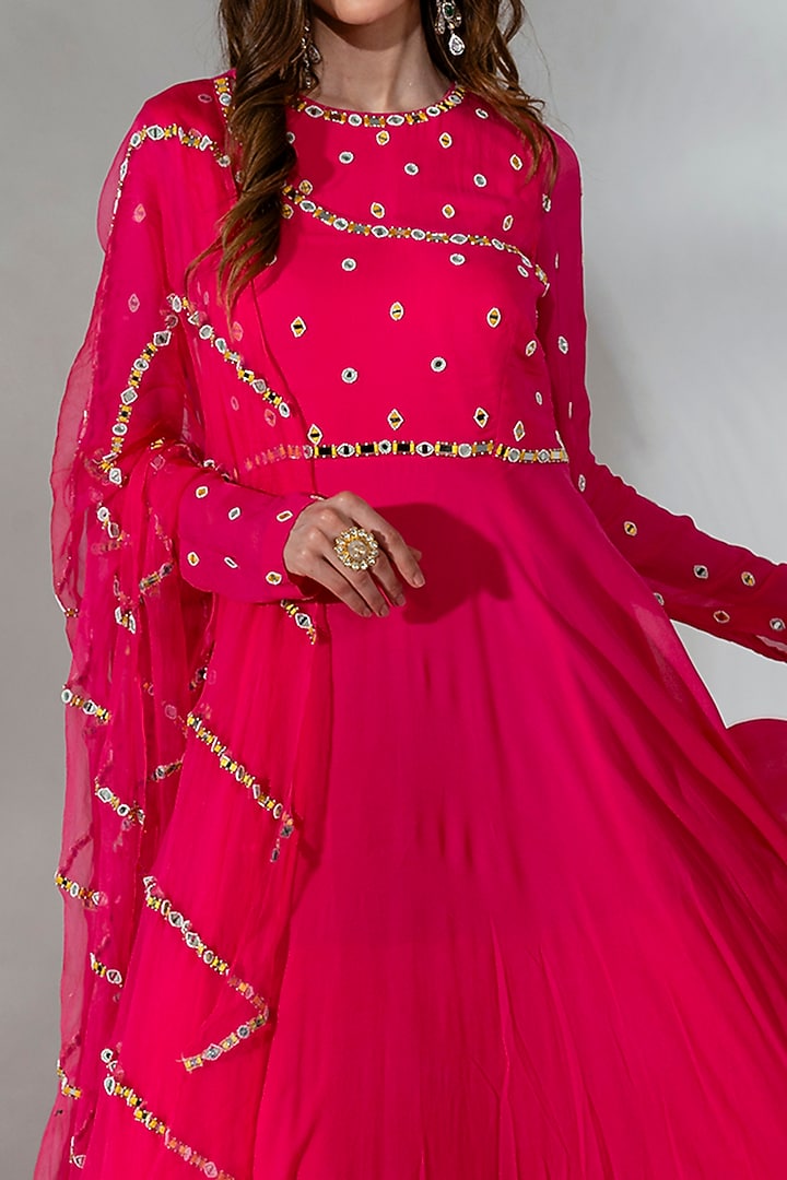 Fuchsia Georgette Embroidered Wedding Anarkali Set by Neha Khullar at Pernia's Pop Up Shop