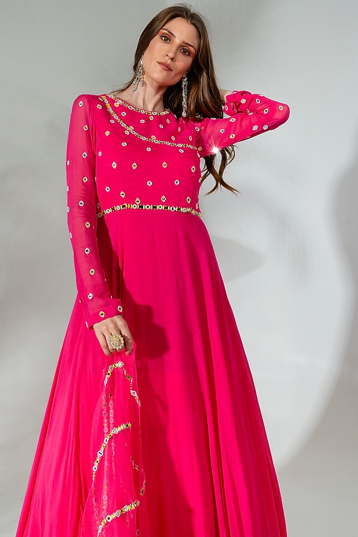 Fuchsia Georgette Embroidered Wedding Anarkali Set by Neha Khullar at Pernia's Pop Up Shop