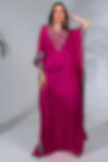 Fuchsia  Modal Satin Embroidered Kaftan by Neha Khullar at Pernia's Pop Up Shop