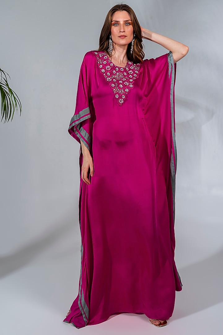 Fuchsia  Modal Satin Embroidered Kaftan by Neha Khullar at Pernia's Pop Up Shop