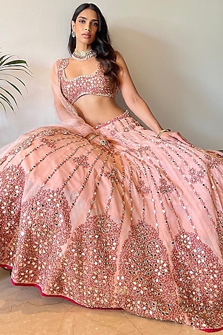 Peach Embroidered Lehenga Set by Neha Khullar