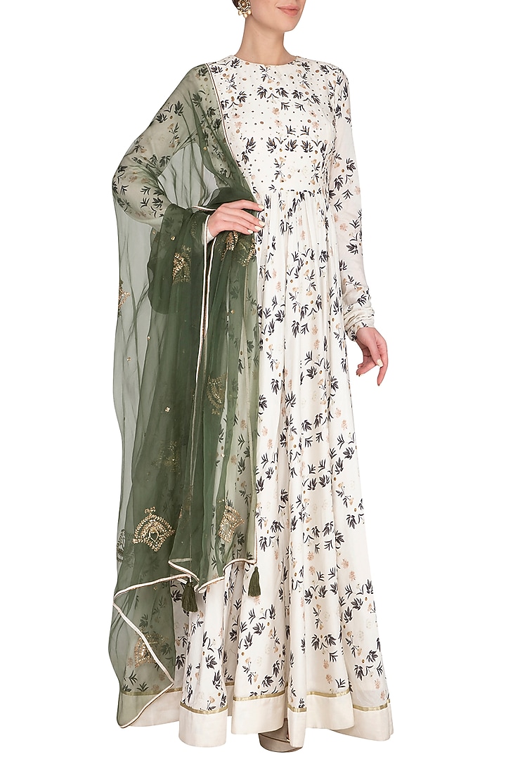 Ivory Embroidered Printed Wedding Anarkali Gown With Dupatta by Neha & Tarun at Pernia's Pop Up Shop