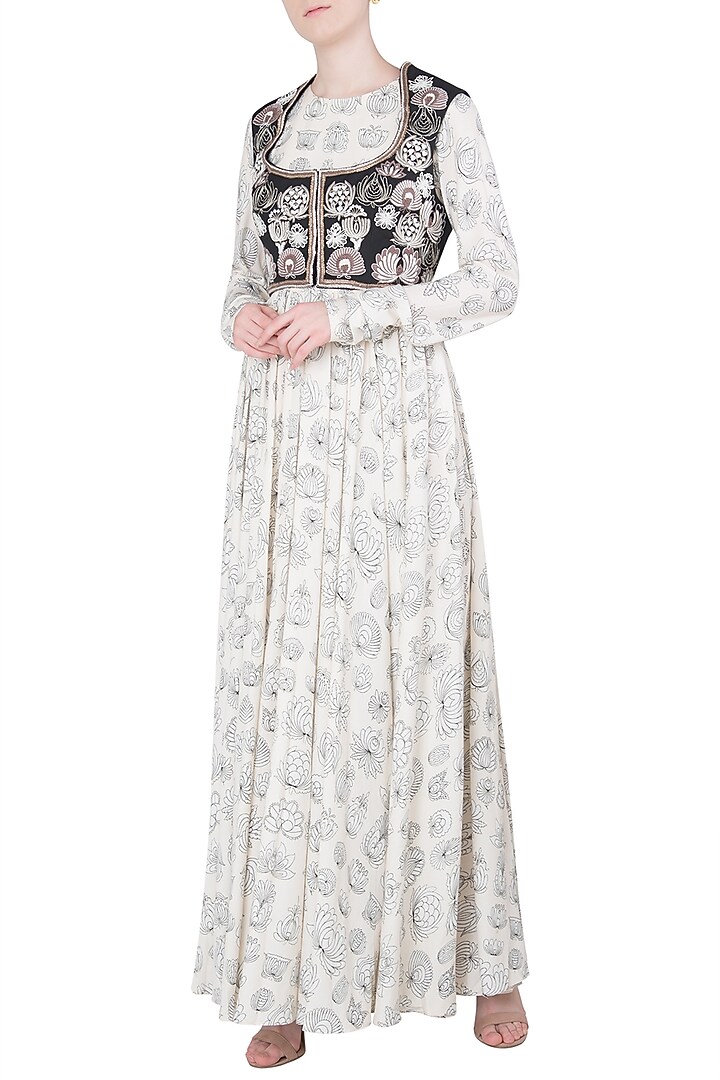 Ivory printed anarkali set with embroidered short jacket available only at Pernia's Pop Up Shop.