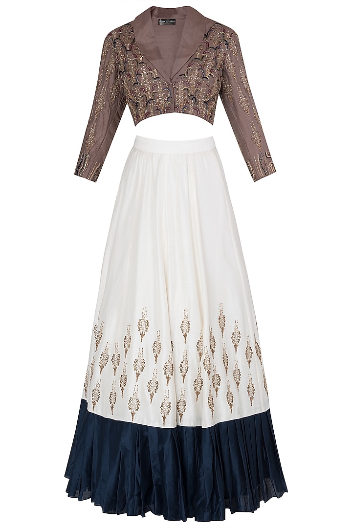 Ivory Embroidered Crop Blazer Blouse with Bustier and Lehenga Skirt by Neha & Tarun