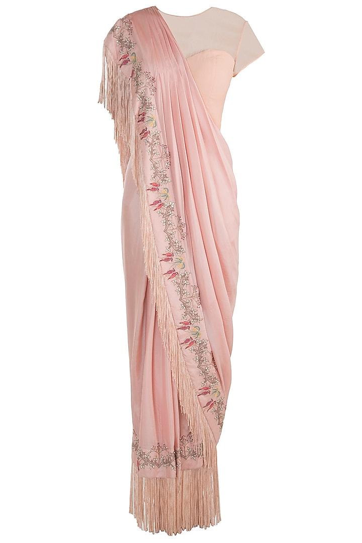 Peach embroidered drape saree available only at Pernia's Pop Up Shop.