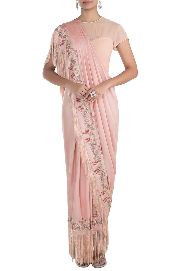 Peach embroidered drape saree available only at Pernia's Pop Up Shop.