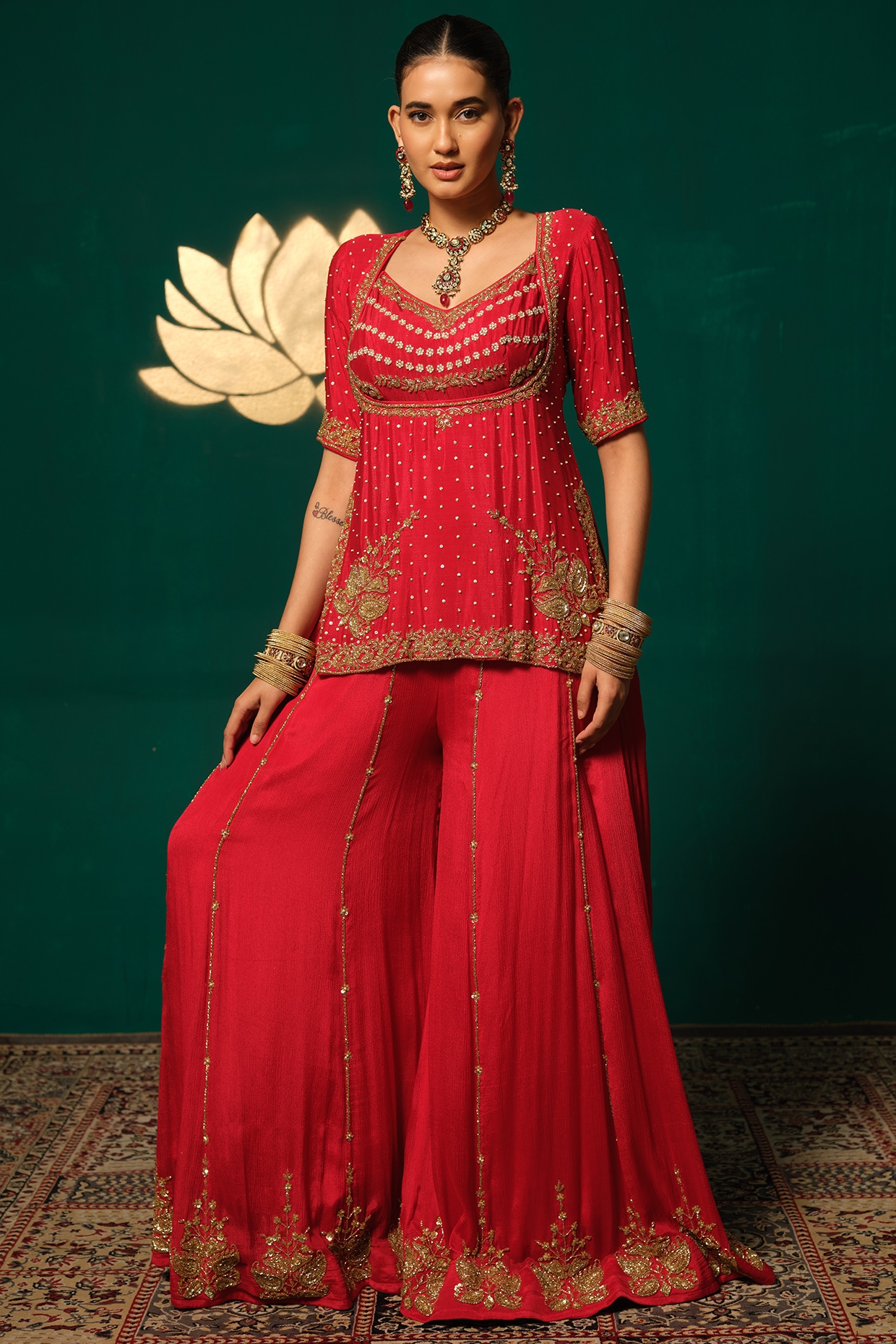 Niloufer by Aasif Ally Red Chinnon & Tissue Embroidered Sharara Set
