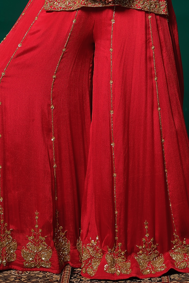 Red Chinnon & Tissue Embroidered Wedding Sharara Set by Niloufer by Aasif Ally at Pernia's Pop Up Shop