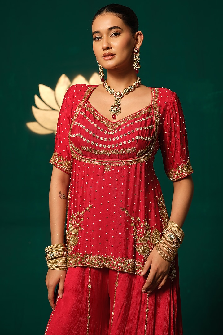 Red Chinnon & Tissue Embroidered Wedding Sharara Set by Niloufer by Aasif Ally at Pernia's Pop Up Shop