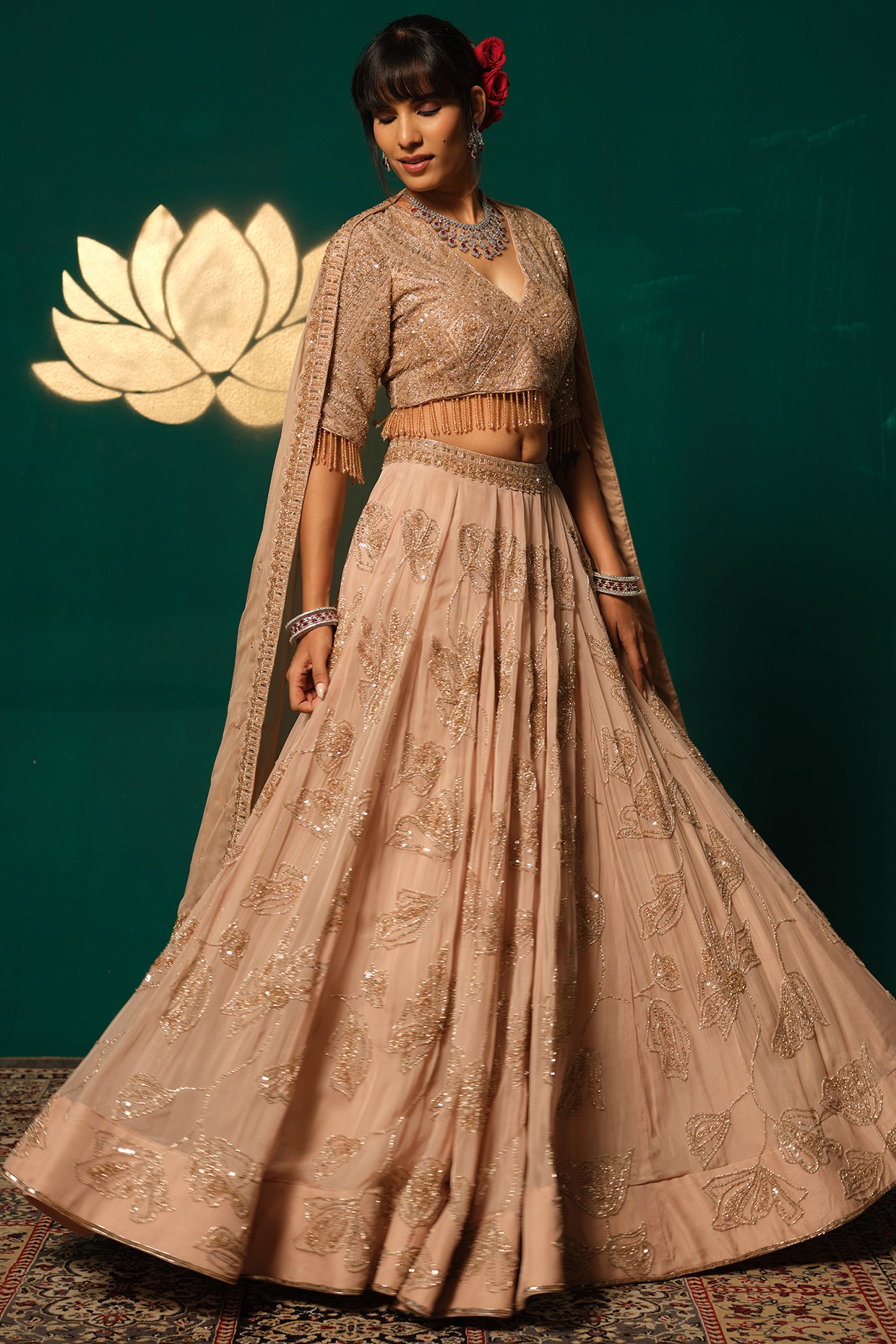 Niloufer by Aasif Ally Peach Tissue Embroidered Lehenga Set