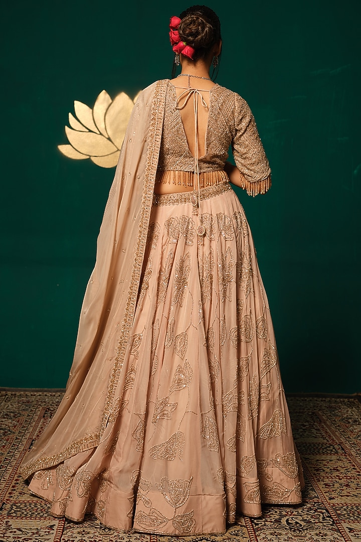 Peach Tissue Embroidered Bridal Lehenga Set by Niloufer by Aasif Ally at Pernia's Pop Up Shop