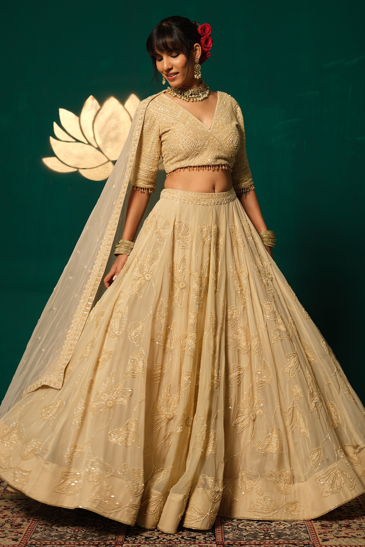 Niloufer by Aasif Ally Gold Tissue Embroidered Lehenga Set