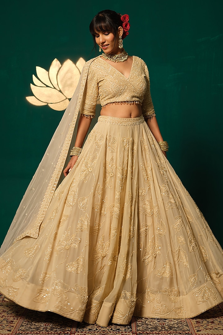 Gold Tissue Embroidered Bridal Lehenga Set by Niloufer by Aasif Ally at Pernia's Pop Up Shop
