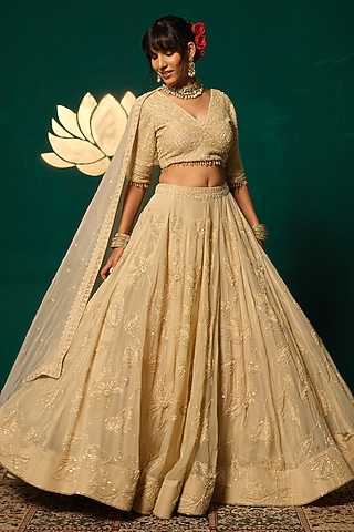 Gold Tissue Embroidered Lehenga Set by Niloufer by Aasif Ally