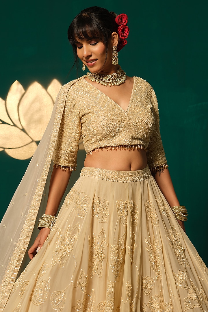 Gold Tissue Embroidered Bridal Lehenga Set by Niloufer by Aasif Ally at Pernia's Pop Up Shop