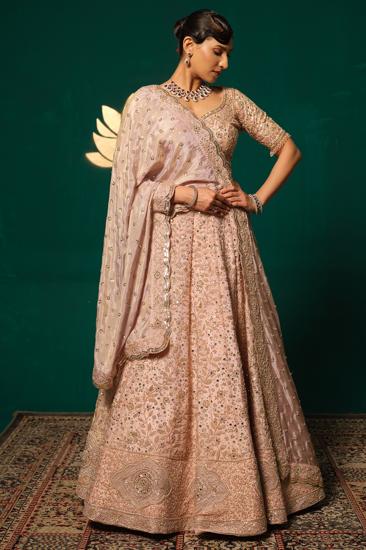 Niloufer by Aasif Ally Pink Shimmer Tissue Embroidered Lehenga Set
