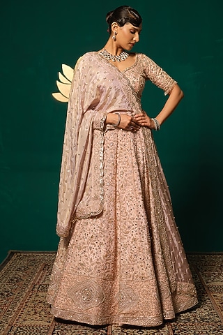 Pink Shimmer Tissue Embroidered Lehenga Set by Niloufer by Aasif Ally