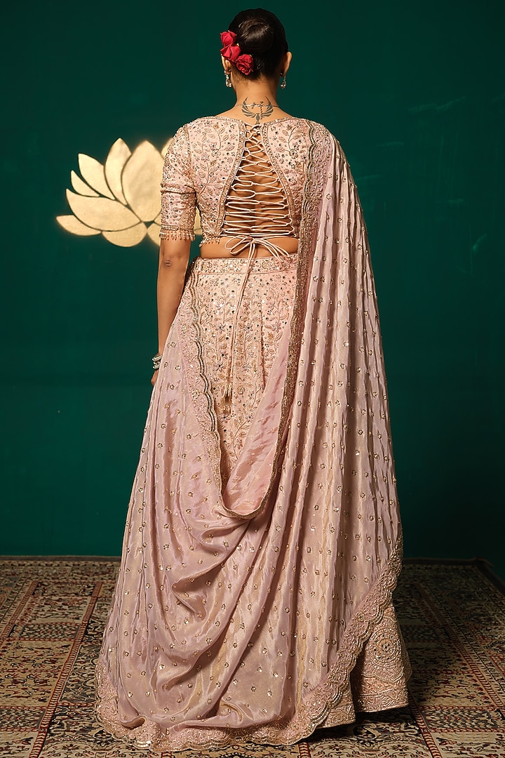 Pink Shimmer Tissue Embroidered Bridal Lehenga Set by Niloufer by Aasif Ally at Pernia's Pop Up Shop