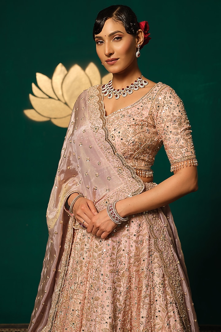 Pink Shimmer Tissue Embroidered Bridal Lehenga Set by Niloufer by Aasif Ally at Pernia's Pop Up Shop