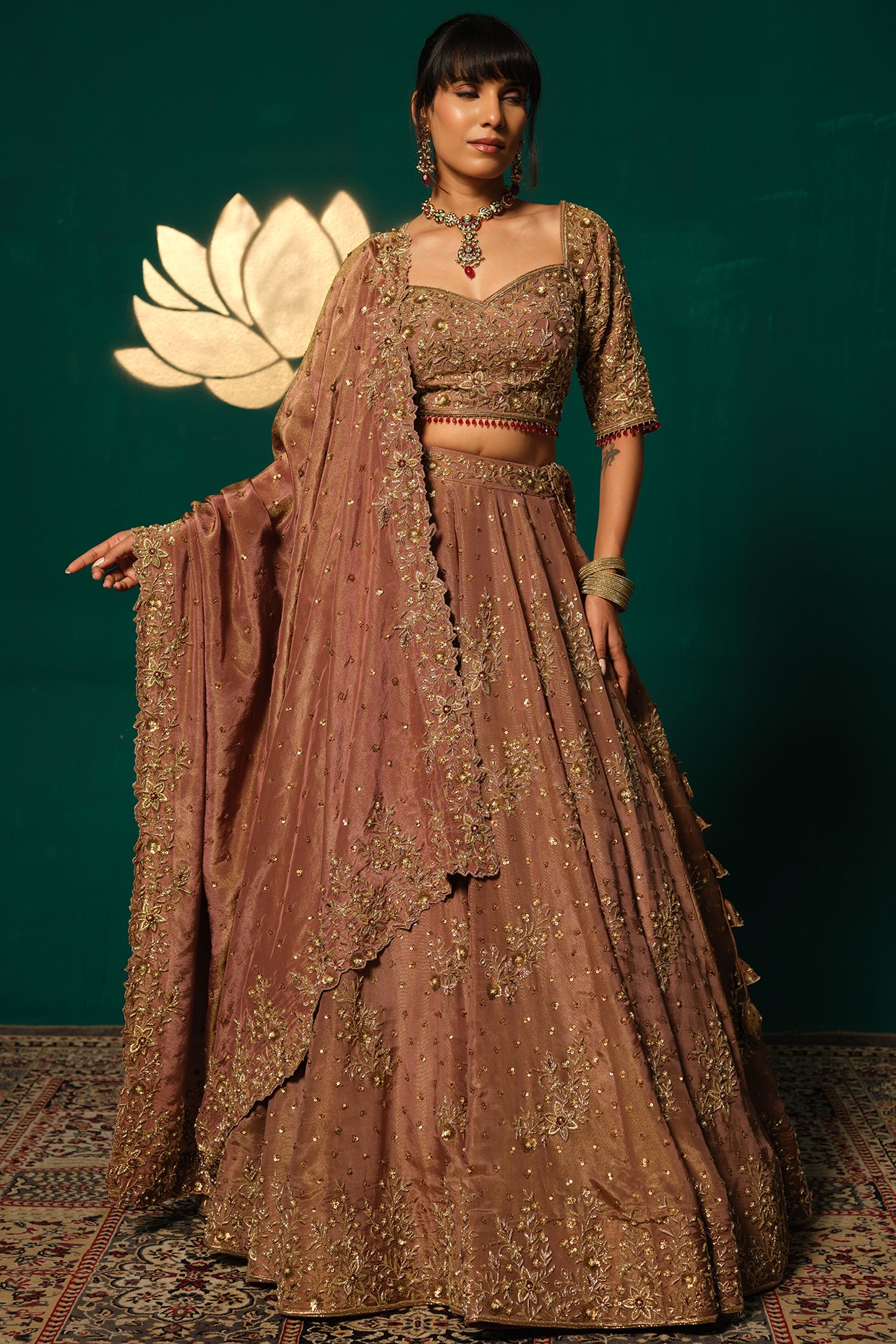 Niloufer by Aasif Ally Gold Shimmer Tissue Embroidered Lehenga Set