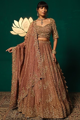 Gold Shimmer Tissue Embroidered Lehenga Set by Niloufer by Aasif Ally
