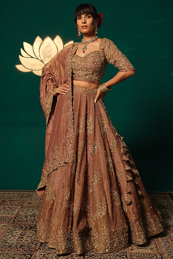 Gold Shimmer Tissue Embroidered Bridal Lehenga Set by Niloufer by Aasif Ally at Pernia's Pop Up Shop