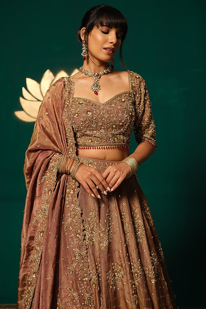 Gold Shimmer Tissue Embroidered Bridal Lehenga Set by Niloufer by Aasif Ally at Pernia's Pop Up Shop