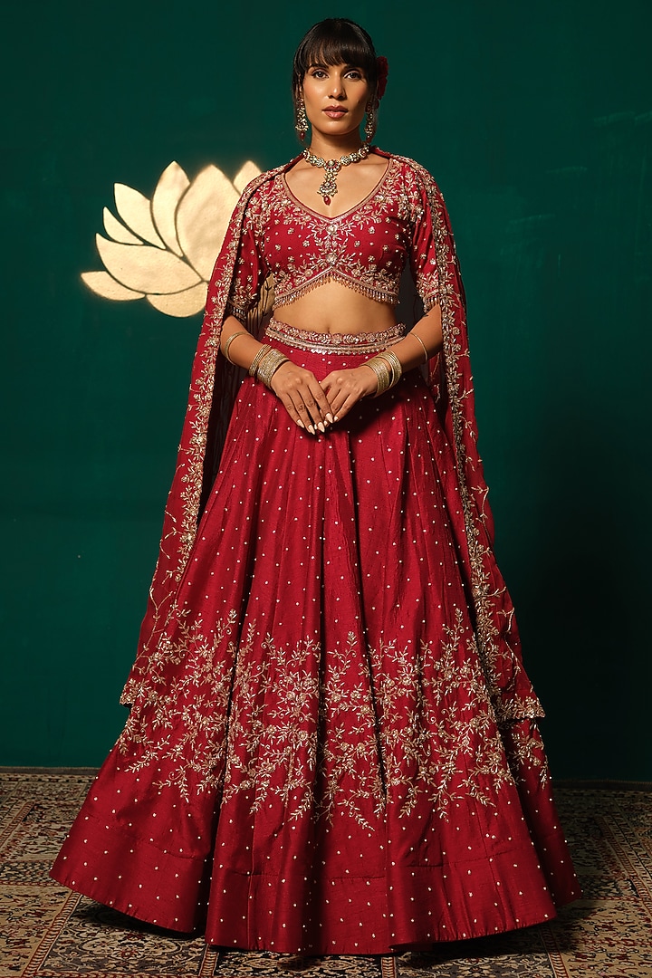 Red Silk Embroidered Bridal Lehenga Set by Niloufer by Aasif Ally at Pernia's Pop Up Shop