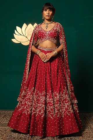 Red Silk Embroidered Lehenga Set by Niloufer by Aasif Ally