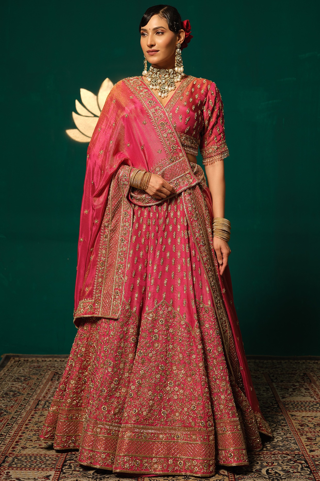 Niloufer by Aasif Ally Pink Shimmer Tissue Embroidered Lehenga Set