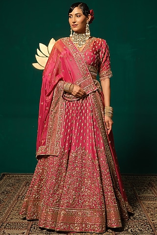 Pink Shimmer Tissue Embroidered Lehenga Set by Niloufer by Aasif Ally