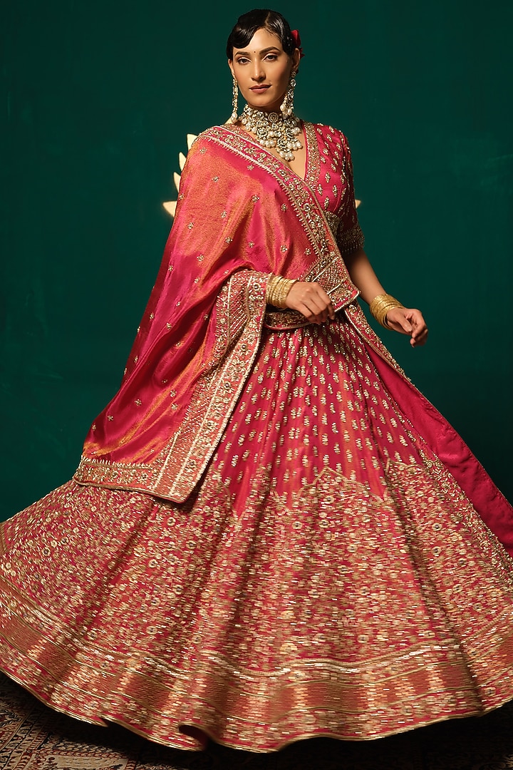 Pink Shimmer Tissue Embroidered Bridal Lehenga Set by Niloufer by Aasif Ally at Pernia's Pop Up Shop