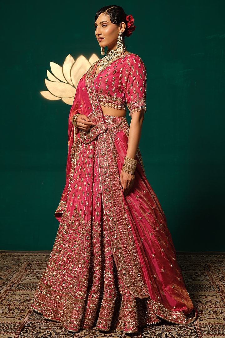 Pink Shimmer Tissue Embroidered Bridal Lehenga Set by Niloufer by Aasif Ally at Pernia's Pop Up Shop