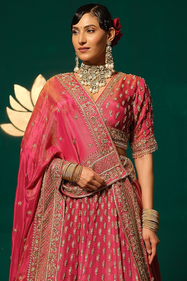 Pink Shimmer Tissue Embroidered Bridal Lehenga Set by Niloufer by Aasif Ally at Pernia's Pop Up Shop