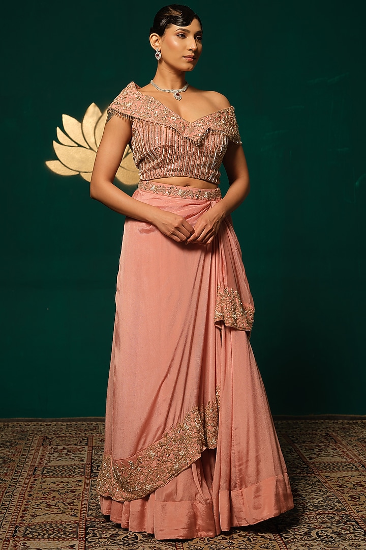 Peach Chinon Embroidered Wedding Lehenga Set by Niloufer by Aasif Ally at Pernia's Pop Up Shop