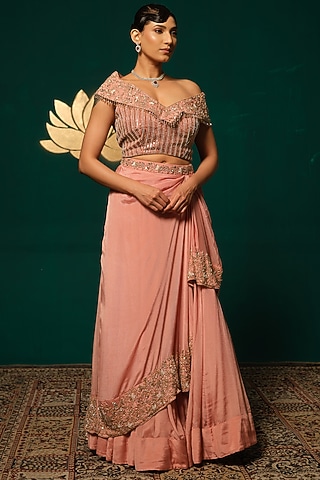 Peach Chinon Embroidered Lehenga Set by Niloufer by Aasif Ally