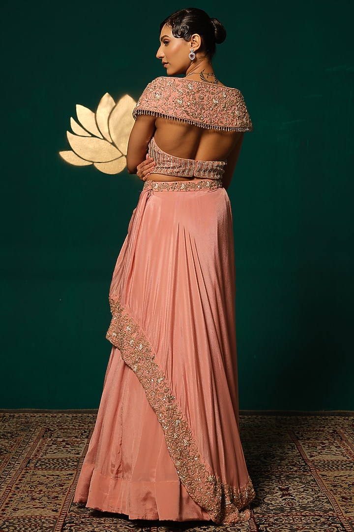 Peach Chinon Embroidered Wedding Lehenga Set by Niloufer by Aasif Ally at Pernia's Pop Up Shop